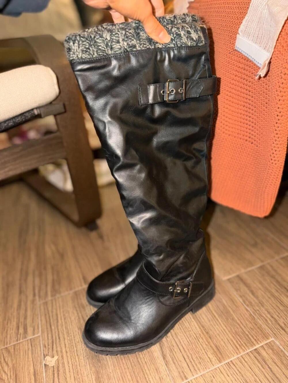 Black Faux Leather Knee-High Boots
